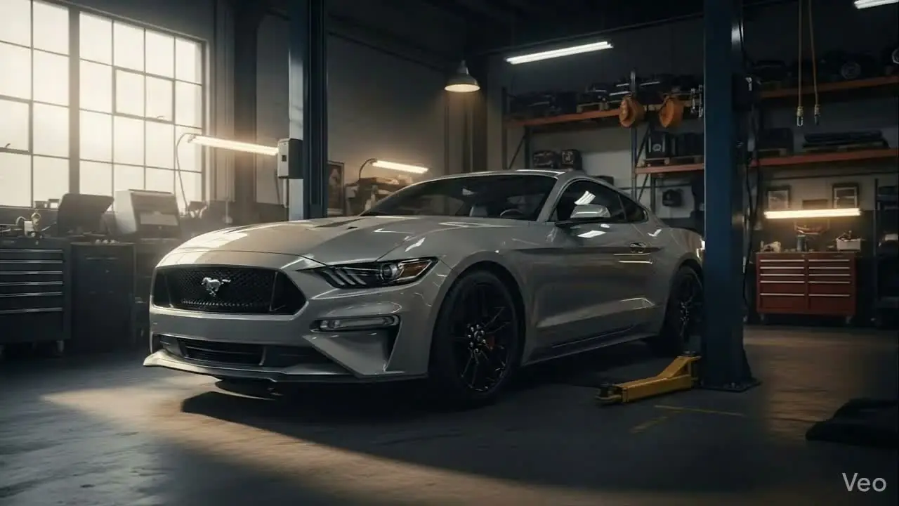 Un Mustang gris dentro del taller Hermanos Ruiz, iluminado por la luz de los ventanales.